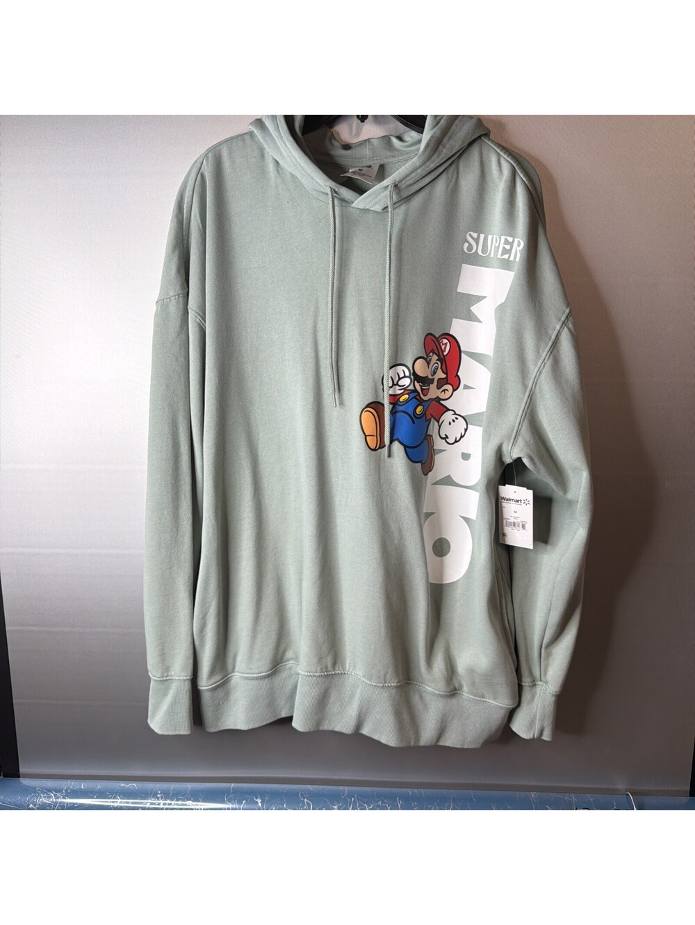 Nintendo Super Mario Graphic Hoodie Mens Large Sage Green Fleece Sweatshirt M